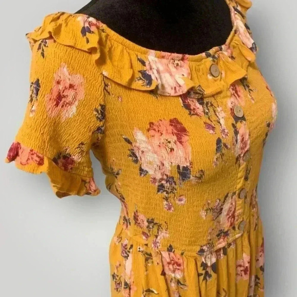 Xhilaration Yellow Floral Print Ruffled Smocked Bodice Off-Shoulder Mini Dress - Picture 7 of 14